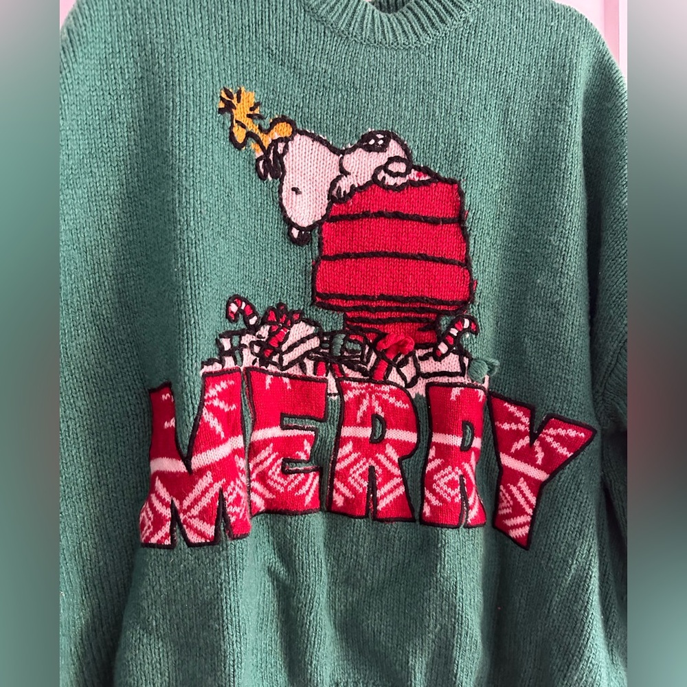 Zara Knit Snoopy Peanuts Merry Sweater Green Medium - Picture 7 of 10